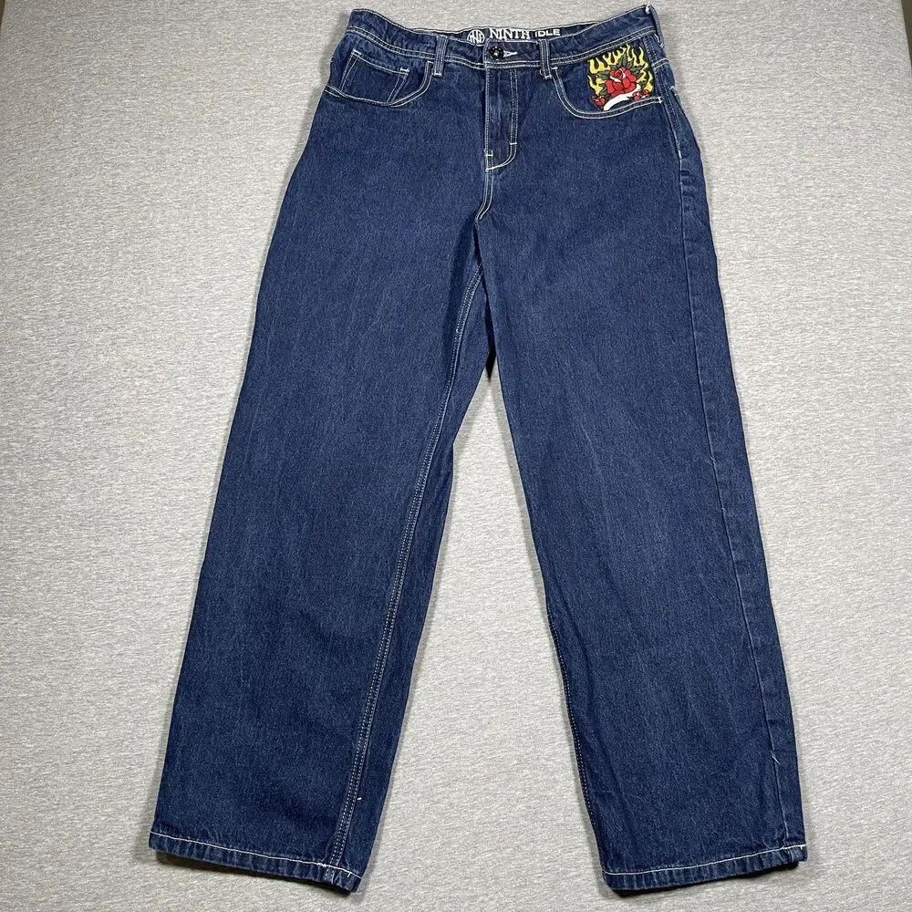 NINTH IDLE HALL Jeans Mens 31x29 Blue Straight Relaxed Embroidered Mid Rise